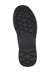 Zwarte rubberen schoenzool met een getextureerd, gegroefd patroon. Heeft diamanten vormen en hexagonale accenten voor grip.