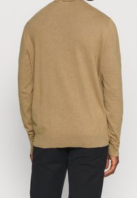 Beiger Pullover aus Strickstoff mit langen Ärmeln und rundem Halsausschnitt. Die Ärmel enden in gerippten Bündchen; der Saum ist ebenfalls gerippt.