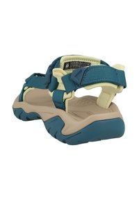Sandały zewnętrzne w kolorze niebiesko-zielonym i kremowym z regulowanymi paskami, teksturowaną gumową podeszwą i wspierającą wkładką. Odpowiednie do różnych aktywności na świeżym powietrzu.