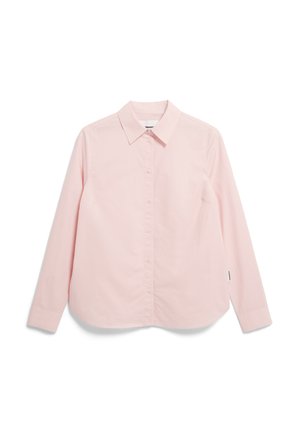 Maglietta a maniche lunghe rosa chiaro con colletto a punta, patta dei bottoni e maniche con polsini. Realizzata in tessuto di cotone liscio. Nessun motivo o accento.