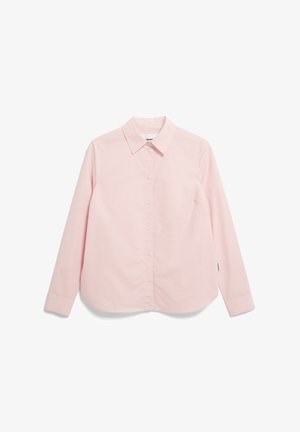 Chemise rose clair à manches longues avec un col pointu, patte de boutonnage et manches à poignets. Fabriquée en tissu de coton lisse. Sans motifs ni accents.