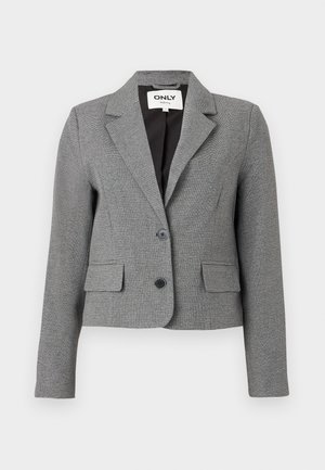 Blazer gris ajusté avec un motif à carreaux, design simple boutonnage, deux poches avant et un col cranté. Comprend deux boutons noirs.