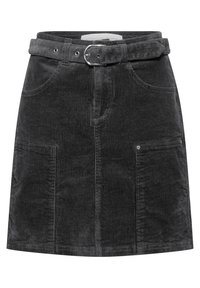 Jupe en velours côtelé gris avec une taille bien définie, ceinture intégrée, deux poches avant et texture de côtes verticales.