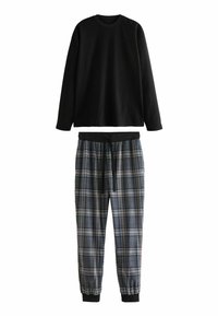 Musta pitkähihainen paita pyöreällä kaula-aukolla ja ruudulliset pyjamanhousut sinisen, harmaan ja vaaleanruskean sävyissä, joissa on joustava vyötärö ja nauhavyö.