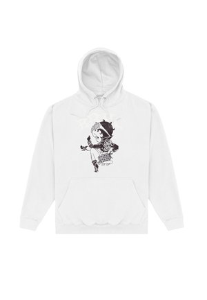 Biała bluza z kapturem, posiadająca kieszeń z przodu i sznurki, z czarnym graficznym wzorem postaci w goglach.
