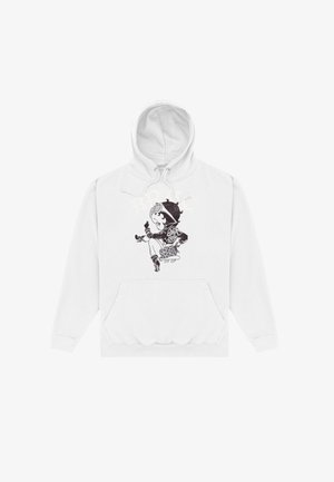 Biała bluza z kapturem, posiadająca kieszeń z przodu i sznurki, z czarnym graficznym wzorem postaci w goglach.