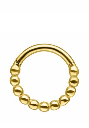 Gold hoop earring with a beaded texture along the lower half and a smooth, rounded clasp at the top.