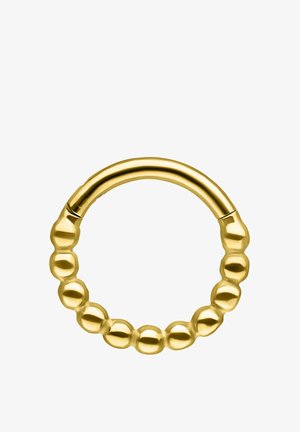 Gold hoop earring with a beaded texture along the lower half and a smooth, rounded clasp at the top.