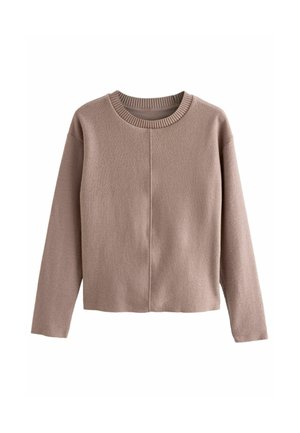 Hellbrauner, gekürzter Pullover aus weichem Stoff, mit einem runden Rippkragen und langen Ärmeln, die eine glatte Textur und minimale Nähte aufweisen.