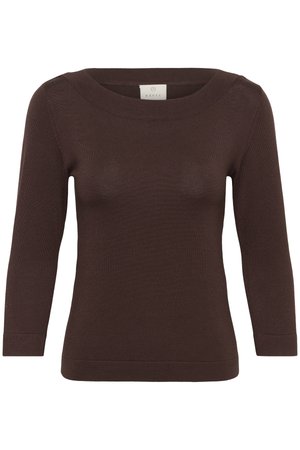 Dunkelbrauner Damenstrickpullover mit Dreiviertelärmeln und weitem Rundhalsausschnitt, schlichtes Design.