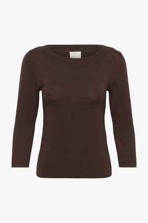 Dunkelbrauner Damenstrickpullover mit Dreiviertelärmeln und weitem Rundhalsausschnitt, schlichtes Design.