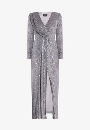 Hõbedane sequins-kleit, millel on sügav V-kujuline kaelus, pikad varrukad, kogutud eesosa ja reie kõrge lõhik. Pehme kangas, läikiv tekstuur, keha järgiv disain.