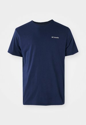 T-shirt en coton bleu marine à manches courtes avec un col rond et un petit logo Columbia blanc sur la poitrine gauche. Texture douce, coupe classique.