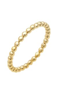 Gouden kralenring met een reeks gladde, ronde metalen kralen die een doorlopend cirkelvormig ontwerp vormen met een gepolijste afwerking.