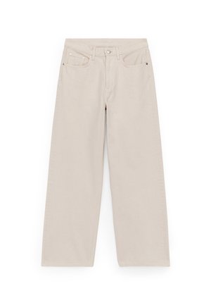 Beige wide-leg jeans made of cotton, featuring a standard five-pocket design, button and zipper closure, with minimal stitching details.