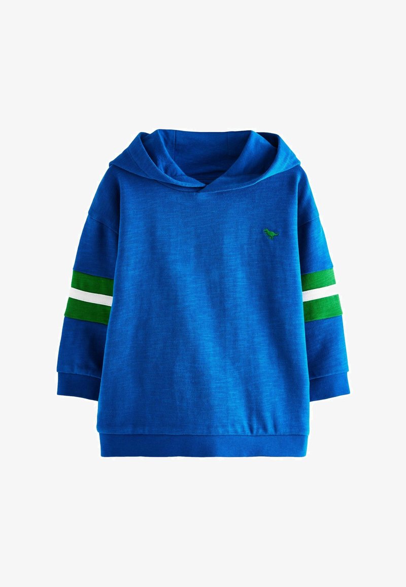 Blauer Hoodie aus weichem Stoff mit einer Kängurutasche, grünen und weißen gestreiften Akzenten an den Ärmeln und einem kleinen Logo auf der Brust.