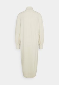 Robe longue en tricot de couleur crème avec col roulé et manches bouffantes longues, vue de dos sur un fond uni.