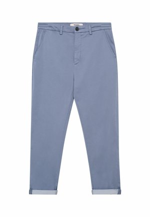 Men's light blue tapered pants with front pockets, button closure, belt loops, and rolled-up cuffs.
