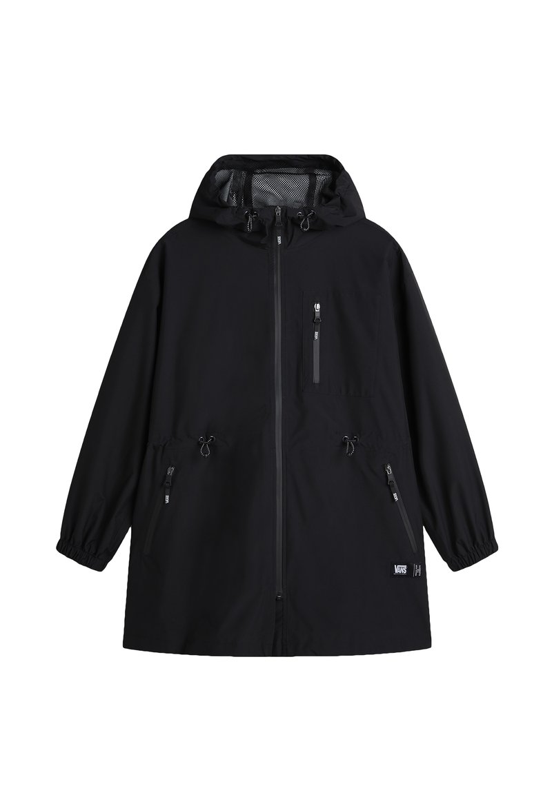 Giacca leggera nera con cappuccio, frontale con zip e due tasche laterali. Presenta lacci regolabili in vita e ai polsini.