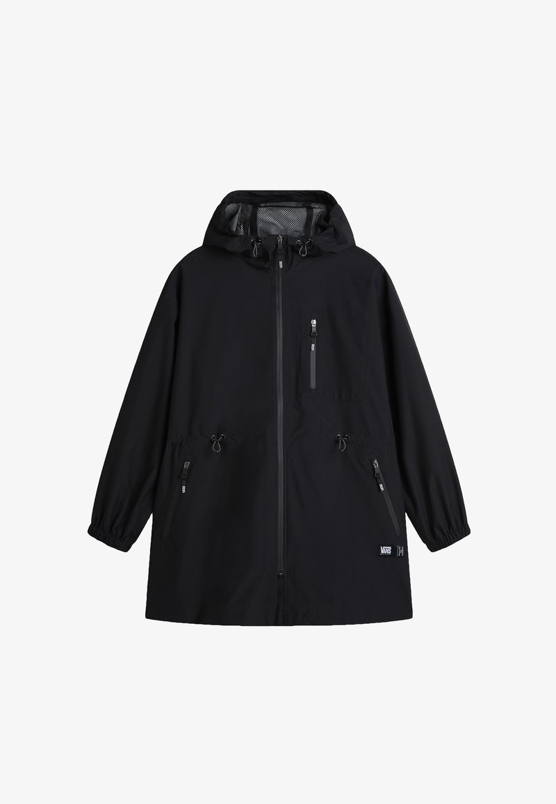 Svart lättviktig jacka med huva, dragkedjeslutning framtill och två sidofickor. Har justerbara dragband vid midjan och runt ärmarna.