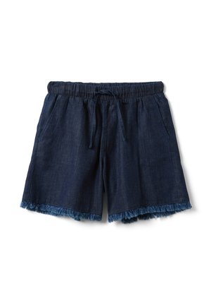 Donkerblauwe denimshorts met elastische tailleband, trekkoord, zijzakken en rafelige zoomranden.