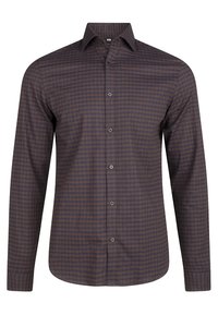 Dlouhá košile s knoflíky v tmavě hnědé barvě s mřížkovaným vzorem. Má klasický límec a přední zapínání na knoflíky se šedými knoflíky.