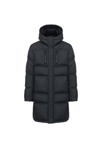 Abrigo largo de invierno negro acolchado con capucha, cremallera frontal oculta por una solapa y dos bolsillos en el pecho con cremallera vertical.