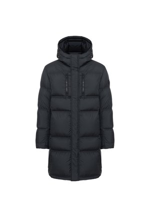 Czarny długi, ocieplany płaszcz zimowy z kapturem, z przodu zamek błyskawiczny zasłonięty klapką oraz dwiema pionowymi kieszeniami na zamek błyskawiczny na piersi.