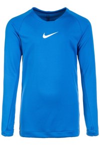 Koszulka sportowa z długimi rękawami w jasnoniebieskim kolorze, z okrągłym dekoltem i logo Nike w białym kolorze. Wykonana z gładkiego, rozciągliwego materiału zapewniającego komfort i swobodę ruchów.