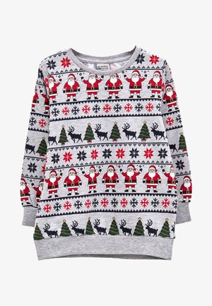 Sudadera gris con patrones repetidos de Santa Claus, árboles de Navidad, renos y copos de nieve rojos y negros.