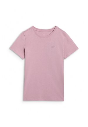 Jasnofioletowy t-shirt z krótkim rękawem i okrągłym dekoltem, z małym haftowanym logo po lewej stronie klatki piersiowej, przedstawiony na białym tle.