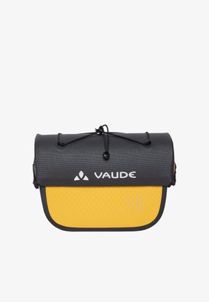 Sacoche de guidon de vélo noire et jaune de la marque Vaude avec fermeture roulante et cordon élastique sur fond blanc.