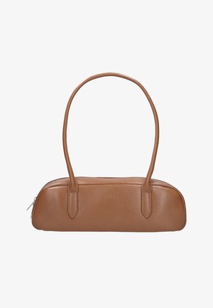 Sac à main en cuir marron avec longues poignées arrondies et fermeture éclair, embossé de « HVISK » au centre devant.