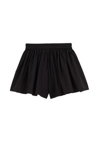 Zwarte katoenen shorts met een elastische tailleband, met een geplooid ontwerp dat een flared silhouet creëert. Geen zichtbare patronen of accenten.