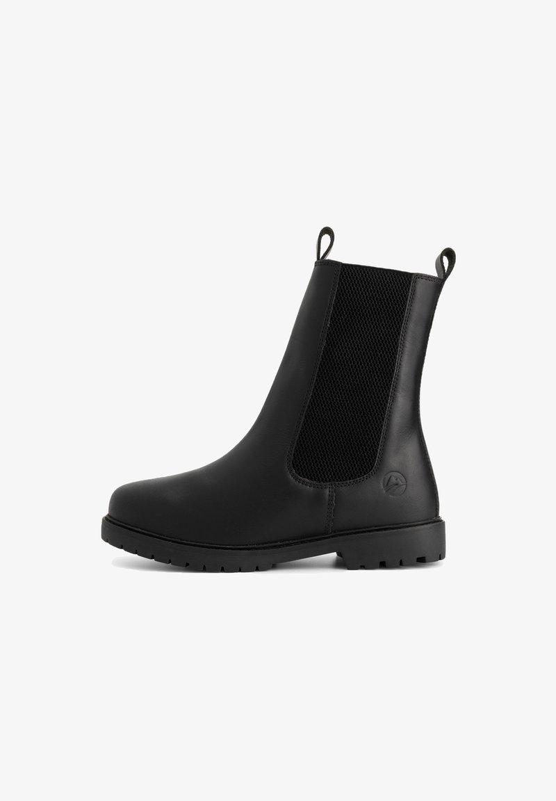 Zwarte leren Chelsea-boot met textuur-elastische zijpanelen, aantrektabs aan de voor- en achterkant en een robuuste zool met profiel.