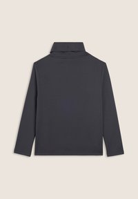 Maglia a maniche lunghe grigio scuro con collo alto, texture morbida e vestibilità regolare. Il retro presenta un design semplice senza dettagli aggiuntivi.
