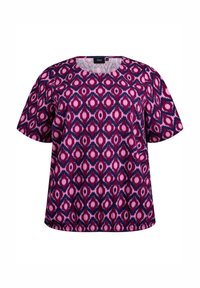T-Shirt mit kurzen Ärmeln in Lila, Rosa und Blau mit Rautenmuster. Rundhalsausschnitt und lockere Passform, aus leichtem Stoff gefertigt.