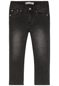 Svarta jeans i denim med slim fit-design, subtil blekning, fem fickor och kopparfärgade detaljer. Enhetlig textur med minimala sömnadsdetaljer.