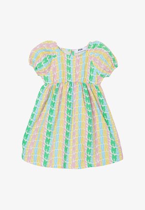 Vestito corto pastello con maniche a sbuffo, vita arricciata e motivo astratto ripetuto a righe verticali verdi, blu, gialle e rosa.