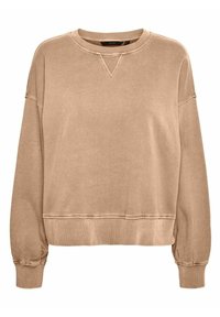 Sweat-shirt beige avec poignets et ourlet côtelés, col rond et coupe décontractée. Le matériau semble doux avec une légère texture brossée.