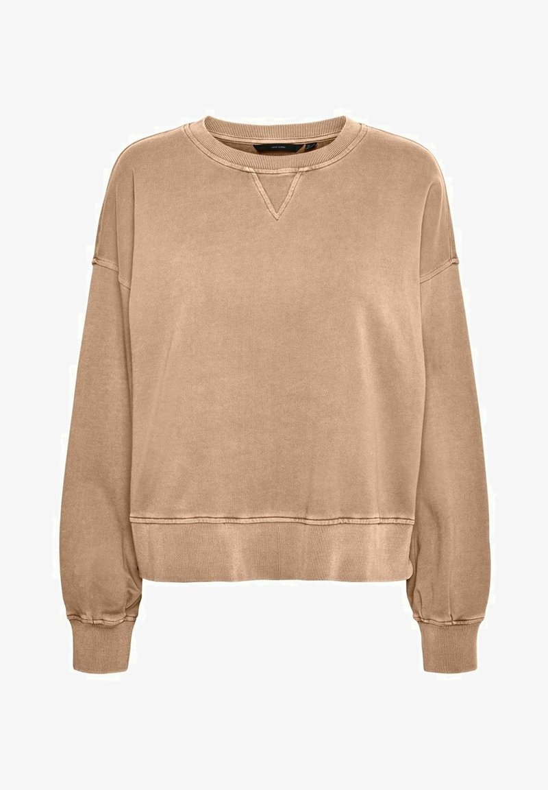 Sweat-shirt beige avec poignets et ourlet côtelés, col rond et coupe décontractée. Le matériau semble doux avec une légère texture brossée.