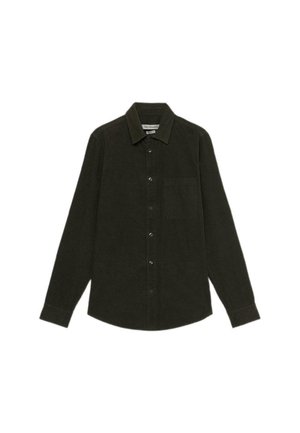 Chemise en velours côtelé vert foncé à manches longues, devant à boutons et poche poitrine. Dispose d'un col classique et d'un tissu texturé.