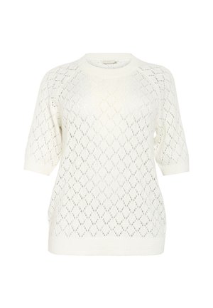 Maglione bianco a maniche corte con un design a trama a rombi, caratterizzato da un scollo rotondo e una lavorazione a rete testurizzata.