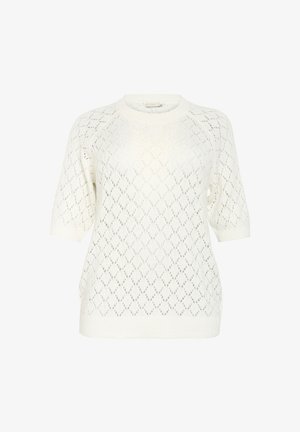 Fehér, rövid ujjú pulóver, gyémánt mintájú kötött dizájnnal, kerek nyakkivágással és texturált, nyitott szövettel.