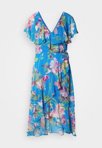 Abito a stampa floreale con scollatura a V, maniche a volano e una silhouette fluida. Realizzato in tessuto leggero nei toni del blu, rosa e verde.