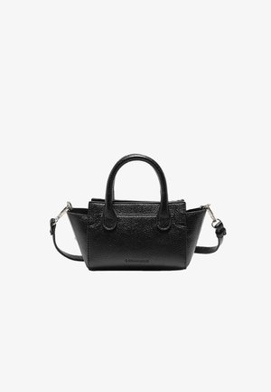 Schwarze strukturierte Lederhandtasche mit zwei kurzen Griffen und einem abnehmbaren Schulterriemen, zentriert auf weißem Hintergrund.