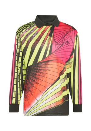 Μακρυμάνικο πόλο μπλουζάκι με μαύρο γιακά, που διαθέτει αφηρημένα σχέδια από σπείρες και ρίγες σε νέον κίτρινο, ροζ, πορτοκαλί και μαύρο, με το λογότυπο της Adidas.