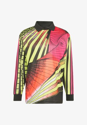 Poloshirt met lange mouwen en zwarte kraag, met neongele, roze, oranje en zwarte abstracte spiraal- en streeppatronen en het Adidas-logo.