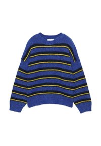 Modrý pletený sveter s čiernymi a žltými horizontálnymi pruhmi. Má okrúhly výstrih a dlhé rukávy, vyrobený z mäkkej, textúrovanej látky.