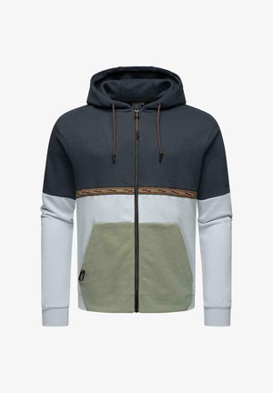 Hooded zip-up sweatshirt with a mix of dark blue, light gray, and olive green panels. Features brown drawstrings and a striped accent.